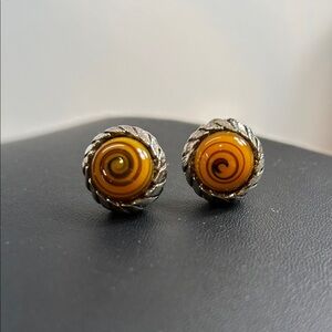 Vintage Japan Art Glass Earrings in Mustard with Green  Swirl & Silver Setting